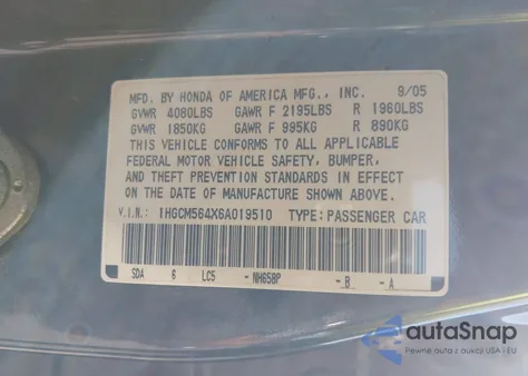 2006 Honda Accord 2.4 Lx from USA, damaged, VIN 1HGCM564X6A019510